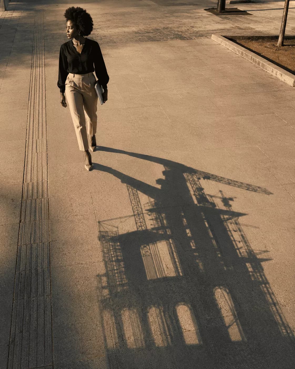 Une femme traverse une esplanade au soleil rasant ; son ombre projetée prend la forme d’un immeuble en construction, grues comprises.