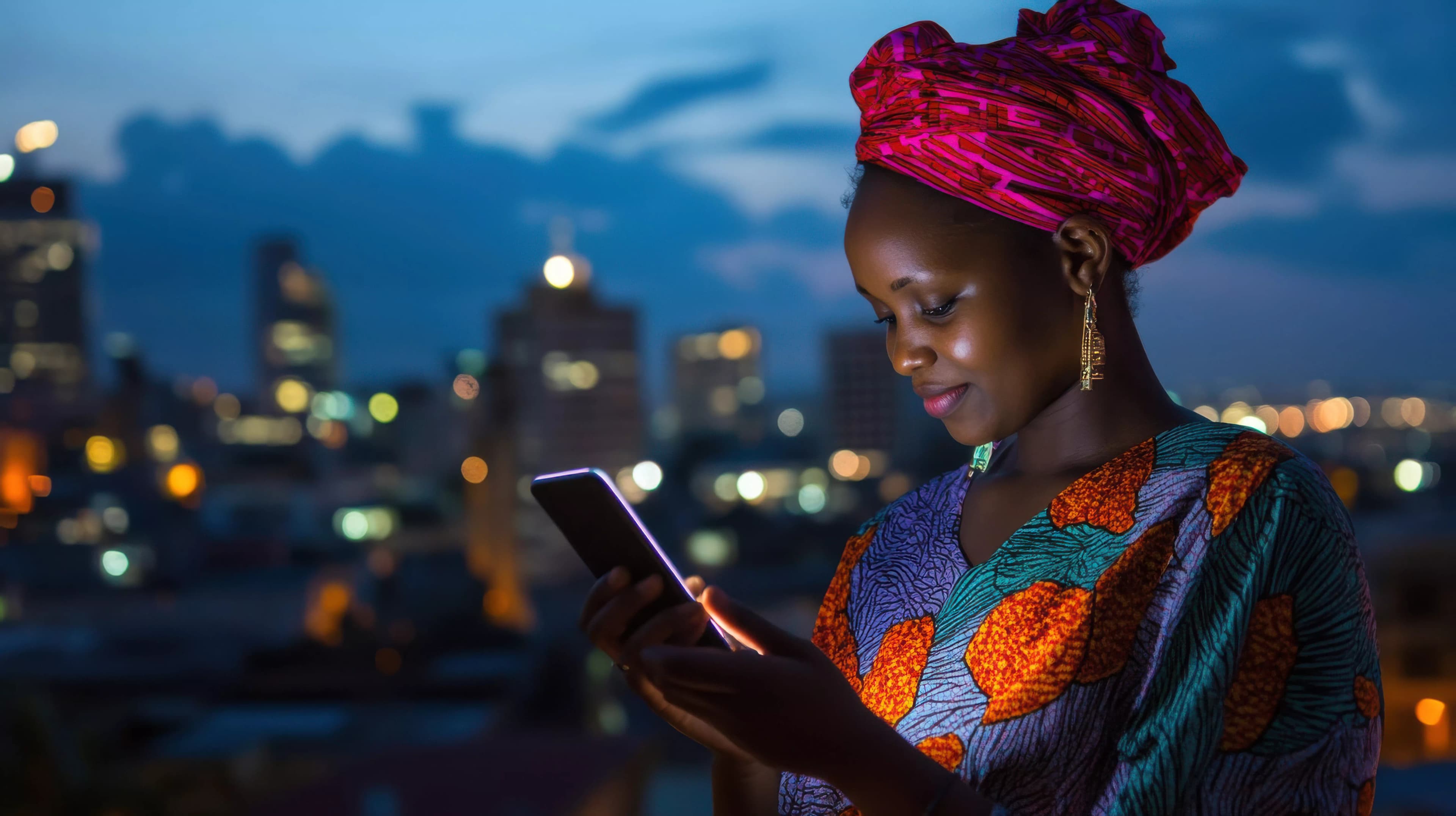 Une femme consulte son téléphone en fin de journée, les lumières d’une ville derrière elle.
