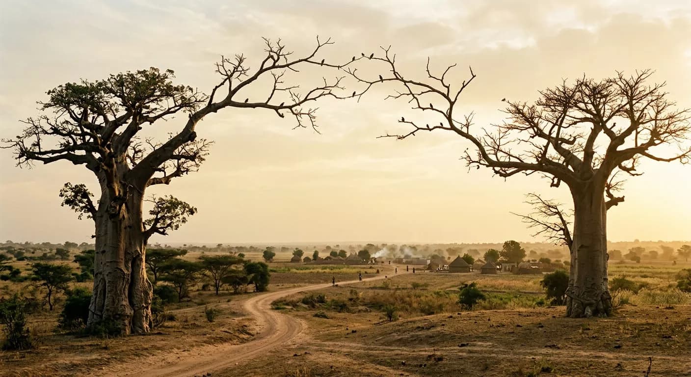 Deux baobabs encadrent une piste de terre qui mène à un village, au soleil couchant.
