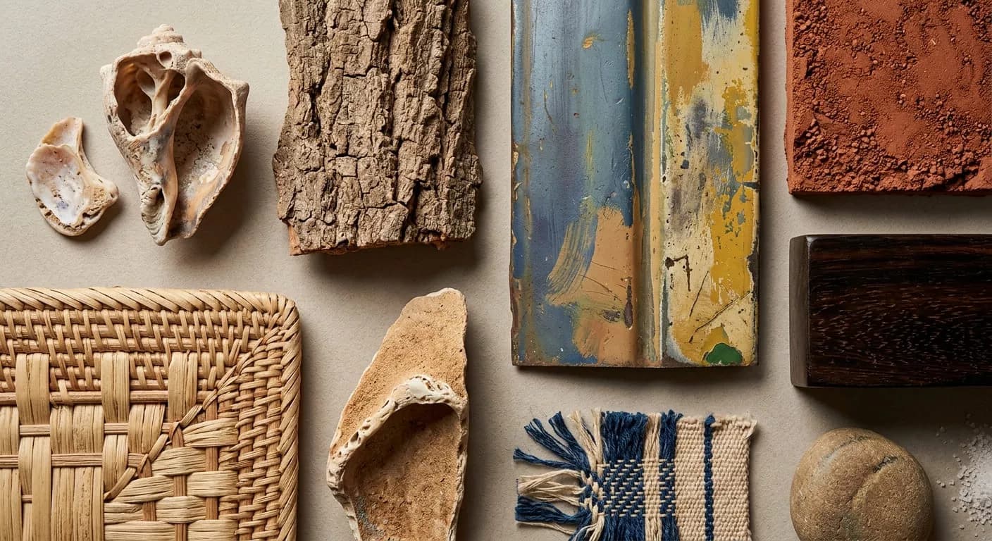 Des matières posées à plat et alignées : coquillages, écorce, vannerie, pigment, bois, tissage.